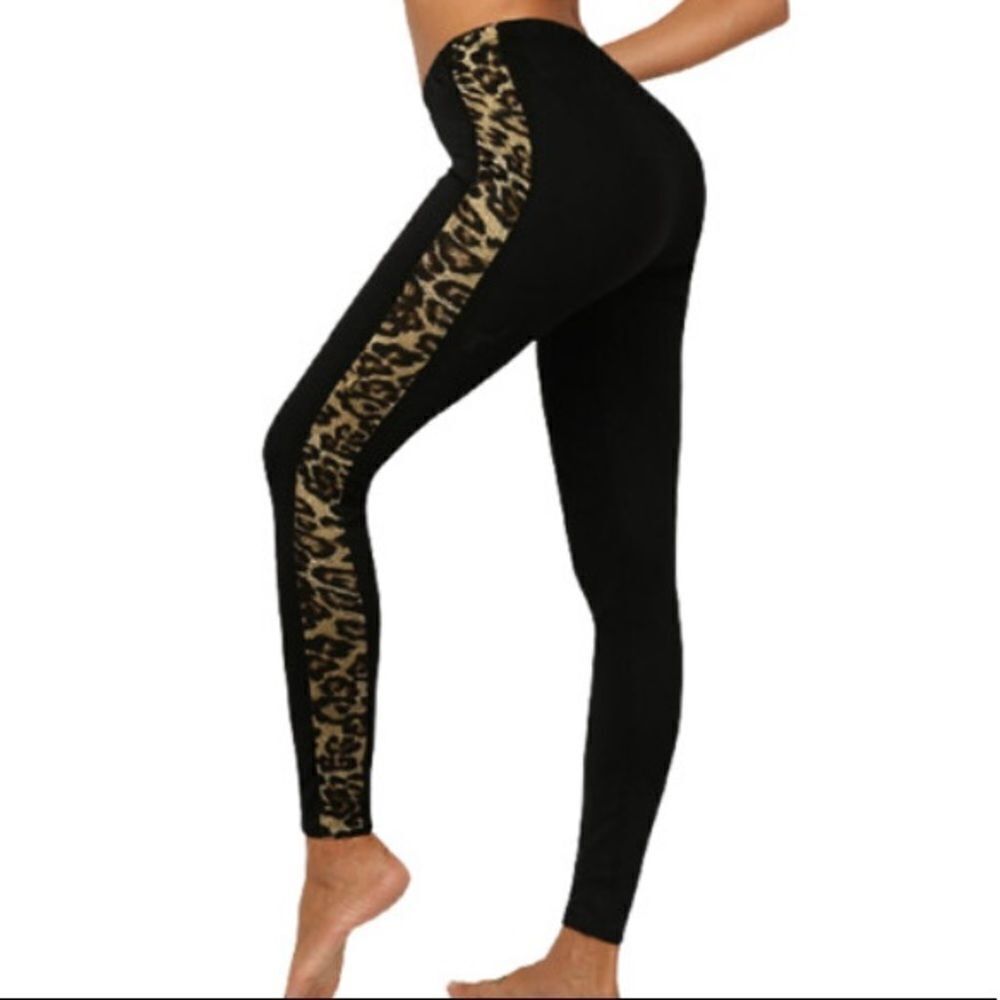 Black Leopard splicing Mid rise leggings